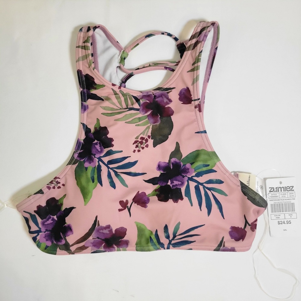 Trillium Sweetdreams Palm High Neck Bikini Top Pink Floral Lace Up Back Size M